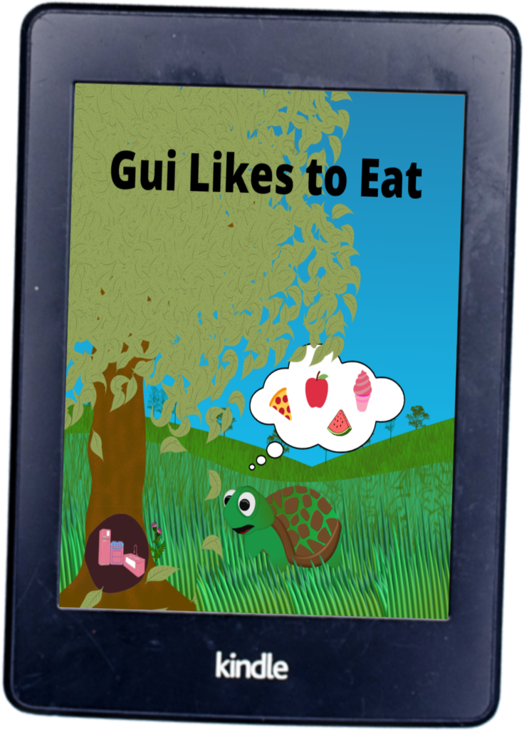 A Kindle tablet showing the cover of the kids early reader 'Gui Likes to Eat'